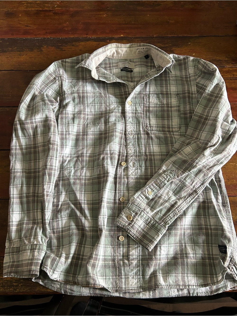 Jack & Jones Light Green and Gray Plaid Button-Down Shirt